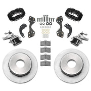 Wilwood black rear brake kit for Currie Pro-Tour blank-pattern floater applications, laid out with vented undrilled 12.19-inch rotors, hydraulic calipers, separate MC4 parking calipers, pads, brackets and hardware