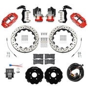 Wilwood red rear brake kit for Honda S2000 electric parking applications, laid out with drilled and slotted 12.88-inch rotors, hats, service and electric parking calipers, pads, wiring harness, controller and brackets