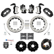 Wilwood black rear brake kit for Honda S2000 electric parking applications, laid out with drilled and slotted 12.88-inch rotors, hats, service and electric parking calipers, pads, wiring harness, controller and brackets