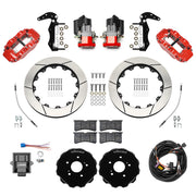 Wilwood red rear brake kit for Honda S2000 electric parking applications, laid out with slotted 12.88-inch rotors, hats, service and electric parking calipers, pads, wiring harness, controller and brackets