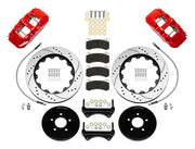 Wilwood red front brake kit for 1994–2004 Ford Mustang applications, laid out with drilled and slotted 14.00-inch rotors, hats, pads, brackets and hardware