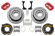 Wilwood red rear brake kit for Ford Explorer 8.8 low-profile 2.54-inch offset applications, laid out with one-piece drilled and slotted 11.00-inch rotors, internal parking shoe assemblies, pads, brackets and fasteners
