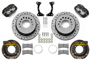 Wilwood black rear brake kit for Ford Explorer 8.8 low-profile 2.54-inch offset applications, laid out with one-piece drilled and slotted 11.00-inch rotors, internal parking shoe assemblies, pads, brackets and fasteners