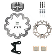 Wilwood left-front GP200 sprint kit laid out with a gray caliper, scalloped drilled Super Alloy rotor and dynamic mounting plate, pads, bracket and hardware