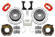 Wilwood red rear brake kit for GM S10 Dynalite 2.75-inch offset applications, laid out with one-piece drilled and slotted 12.19-inch rotors, internal parking shoe assemblies, pads, brackets and fasteners