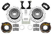 Wilwood black rear brake kit for GM S10 Dynalite 2.75-inch offset applications, laid out with one-piece drilled and slotted 12.19-inch rotors, internal parking shoe assemblies, pads, brackets and fasteners