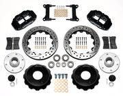 Wilwood black front brake kit for Chevrolet/GMC six-lug 13.06-inch Superlite drop-spindle applications, laid out with two-piece drilled and slotted 13.06-inch rotors, hubs, bearings, pads, brackets and fasteners