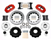 Wilwood red front brake kit for Chevrolet/GMC six-lug 14-inch Superlite drop-spindle applications, laid out with two-piece drilled and slotted 14.00-inch rotors, hubs, bearings, pads, brackets and fasteners
