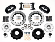 Wilwood black front brake kit for Chevrolet/GMC six-lug 14-inch Superlite drop-spindle applications, laid out with two-piece drilled and slotted 14.00-inch rotors, hubs, bearings, pads, brackets and fasteners