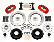 Wilwood red front brake kit for Chevrolet/GMC six-lug 14-inch Superlite drop-spindle applications, laid out with two-piece slotted 14.00-inch rotors, hubs, bearings, pads, brackets and fasteners