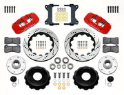 Wilwood red front brake kit for Chevrolet/GMC six-lug AERO6 drop-spindle applications, laid out with two-piece drilled and slotted 14.00-inch rotors, hubs, bearings, pads, brackets and fasteners