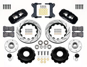 Wilwood black front brake kit for Chevrolet/GMC six-lug AERO6 drop-spindle applications, laid out with two-piece drilled and slotted 14.00-inch rotors, hubs, bearings, pads, brackets and fasteners