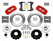 Wilwood red front brake kit for Chevrolet/GMC six-lug AERO6 drop-spindle applications, laid out with two-piece slotted 14.00-inch rotors, hubs, bearings, pads, brackets and fasteners