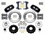 Wilwood black front brake kit for Chevrolet/GMC six-lug AERO6 drop-spindle applications, laid out with two-piece slotted 14.00-inch rotors, hubs, bearings, pads, brackets and fasteners