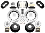 Wilwood black front brake kit for Ford/Mercury factory disc-spindle applications, laid out with two-piece drilled and slotted 14.00-inch rotors, hubs, bearings, pads, brackets and fasteners