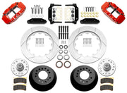 Wilwood red front brake kit for Ford/Mercury factory disc-spindle applications, laid out with two-piece slotted 14.00-inch rotors, hubs, bearings, pads, brackets and fasteners