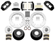 Wilwood black front brake kit for Ford/Mercury factory disc-spindle applications, laid out with two-piece slotted 14.00-inch rotors, hubs, bearings, pads, brackets and fasteners
