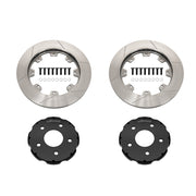Wilwood Promatrix rear rotor kit for Corvette C5 and base C6, laid out with two vented rotors, black aluminum hats and mounting bolts
