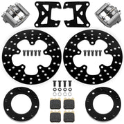 Wilwood gray anodized front brake kit for Santhuff spindle-mount drag applications, laid out with drilled 10.00-inch rotors, hats, pads, brackets and hardware