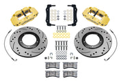 Wilwood yellow front brake kit for 1969–1983 Porsche 911 rotor-and-caliper applications, laid out with one-piece vented drilled and slotted 11.10-inch rotors, caliper brackets, pads, braided hoses and fasteners