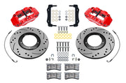 Wilwood front FNSL4R brake kit for Porsche 911 Carrera 24 mm configuration: Two red-finish FNSL4R calipers, drilled and slotted rotors with integral centers, mounting brackets, braided hoses, pads and fasteners arranged in pairs.