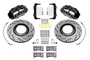 Wilwood front FNSL4R brake kit for Porsche 911 Carrera 24 mm configuration: Two black FNSL4R calipers, drilled and slotted rotors with integral centers, mounting brackets, braided hoses, pads and fasteners arranged in pairs.