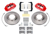Wilwood front FNSL4R brake kit for Porsche 911 Carrera 24 mm configuration: Two red-finish FNSL4R calipers, plain-faced rotors with integral centers, mounting brackets, braided hoses, pads and fasteners arranged in pairs.