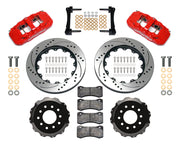 Wilwood front AERO6 brake kit for DSE C10 14.25-inch configuration: Parts layout with two red-finish AERO6 calipers, drilled and slotted rotor rings, separate black hats, pads, brackets and fasteners.