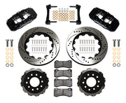 Wilwood front AERO6 brake kit for DSE C10 14.25-inch configuration: Parts layout with two black AERO6 calipers, drilled and slotted rotor rings, separate black hats, pads, brackets and fasteners.