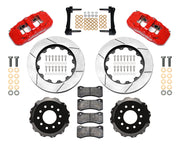 Wilwood front AERO6 brake kit for DSE C10 14.25-inch configuration: Parts layout with two red-finish AERO6 calipers, slotted rotor rings, separate black hats, pads, brackets and fasteners.