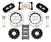 Wilwood front AERO6 brake kit for DSE C10 14.25-inch configuration: Parts layout with two black AERO6 calipers, slotted rotor rings, separate black hats, pads, brackets and fasteners.