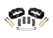 Wilwood front D11 brake kit for Ford/Mercury disc spindles: Two black D11 calipers arranged with four brake pads, two braided hoses, bolts and washers; no rotors are shown.