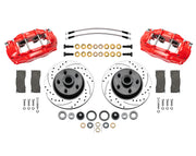 Wilwood front D11 brake kit for Ford/Mercury disc-spindle hub conversion: Two red-finish D11 calipers, drilled and slotted integrated hub/rotors, pads, bearings, seals and mounting hardware arranged as a kit, with braided hoses.
