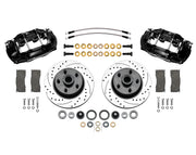 Wilwood front D11 brake kit for Ford/Mercury disc-spindle hub conversion: Two black D11 calipers, drilled and slotted integrated hub/rotors, pads, bearings, seals and mounting hardware arranged as a kit, with braided hoses.