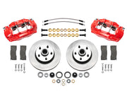 Wilwood front D11 brake kit for Ford/Mercury disc-spindle hub conversion: Two red-finish D11 calipers, plain-faced integrated hub/rotors, pads, bearings, seals and mounting hardware arranged as a kit, with braided hoses.