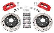 Wilwood front AERODM brake kit for later GM 1500 trucks/SUVs: Two red-finish AERODM calipers with drilled and slotted one-piece rotors, brake pads and mounting fasteners, braided hoses and fittings laid out.