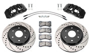 Wilwood front AERODM brake kit for current-body GM 1500 applications: Two black AERODM calipers with drilled and slotted one-piece rotors, brake pads and mounting fasteners, braided hoses and fittings laid out.
