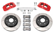 Wilwood front AERODM brake kit for Ford F-150/Expedition and Lincoln Navigator: Two red-finish AERODM calipers with slotted one-piece rotors, brake pads and mounting fasteners, braided hoses and fittings laid out.