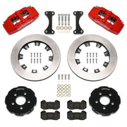 Wilwood front Dynapro 6 brake kit for PT Cruiser/Neon SRT-4: Parts layout with two red-finish Dynapro 6 calipers, plain-faced rotor rings, separate black hats, pads, brackets and fasteners.