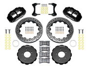 Wilwood front FNSL6R brake kit for Honda Civic/Acura Integra street package: Parts layout with two black FNSL6R calipers, drilled and slotted rotor rings, separate black hats, pads, brackets and fasteners, with braided hoses.