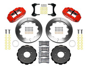 Wilwood front FNSL6R brake kit for Honda Civic/Acura Integra street package: Parts layout with two red-finish FNSL6R calipers, slotted rotor rings, separate black hats, pads, brackets and fasteners, with braided hoses.