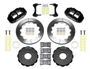 Wilwood front FNSL6R brake kit for Honda Civic/Acura Integra street package: Parts layout with two black FNSL6R calipers, slotted rotor rings, separate black hats, pads, brackets and fasteners, with braided hoses.