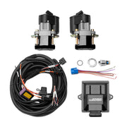 Wilwood universal rear EPB retrofit for 1.25-inch rotor width: Parts arranged with two black electric parking calipers, attached motors, a coiled harness, control module, switch and small electrical fittings.