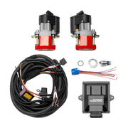 Wilwood universal rear EPB retrofit for 1.25-inch rotor width: Parts arranged with two red-finish electric parking calipers, attached motors, a coiled harness, control module, switch and small electrical fittings.