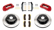 Wilwood rear TX4R brake kit for GM truck factory parking-brake arrangement: Two red-finish TX4R calipers with slotted one-piece rotors, brake pads and mounting fasteners, with separate caliper mounting brackets.