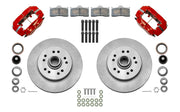 Wilwood front Dynalite-M brake kit for Tri-Five ProSpindle 11.50-inch conversion: Two red-finish Dynalite-M calipers, plain-faced integrated hub/rotors, pads, bearings, seals and mounting hardware arranged as a kit.