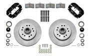 Wilwood front Dynalite-M brake kit for Tri-Five ProSpindle 11.50-inch conversion: Two black Dynalite-M calipers, plain-faced integrated hub/rotors, pads, bearings, seals and mounting hardware arranged as a kit.