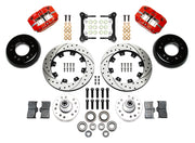Wilwood front Dynapro brake kit for Tri-Five ProSpindle Dynapro configuration: Two red-finish Dynapro calipers, drilled and slotted rotor rings, separate black hats, silver hubs, bearings, seals, pads, brackets and hardware laid out.