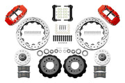Wilwood front FNSL6R brake kit for Tri-Five ProSpindle 12.88-inch configuration: Two red-finish FNSL6R calipers, drilled and slotted rotor rings, separate black hats, silver hubs, bearings, seals, pads, brackets and hardware laid out.