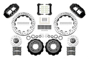 Wilwood front FNSL6R brake kit for Tri-Five ProSpindle 12.88-inch configuration: Two black FNSL6R calipers, drilled and slotted rotor rings, separate black hats, silver hubs, bearings, seals, pads, brackets and hardware laid out.